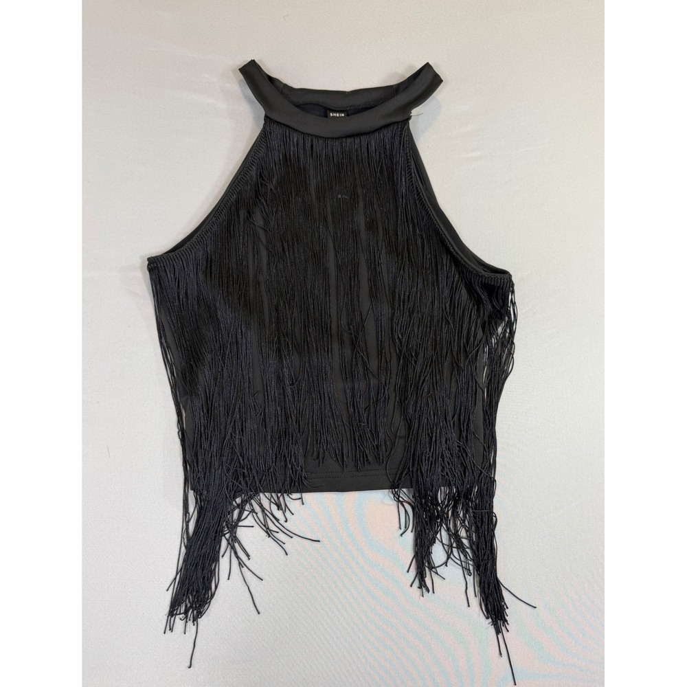 Black Fringe Halter Top Womens Medium Western Festival Boho Going Out Edgy